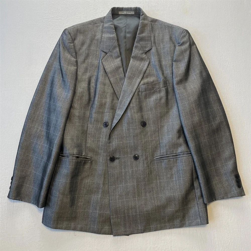 Vtg 42R SIlver Windowpane Check Double‎ Breasted Blazer Jacket Sport Coat